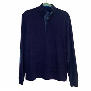 Perry Ellis Men Navy Blue Sweater Elbow Patch 1/4 Button Neck Sz M
